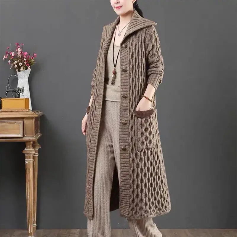 Spring Autumn 2024 New Jacquard Twists Cardigan Sweater Large Size Women Long Hooded Single Breasted Knitted Cardigan Coat M-5XL