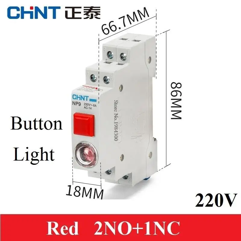 CHINT NP9 AC DC 220V 24V Push Button Card Din Rail Button Switch Reset With Moving Signal Light Led 2NO 2NC Pushbutton Switch