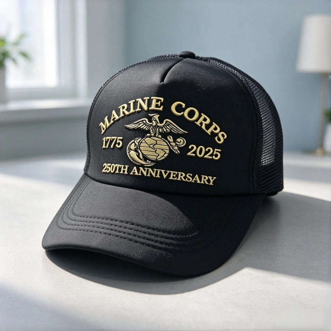 Marine Corps 1775-2025 250th Anniversary Embroidered Trucker Hat Eagle Globe Anchor Logo Mesh Baseball Cap Unisex Adjustable Com