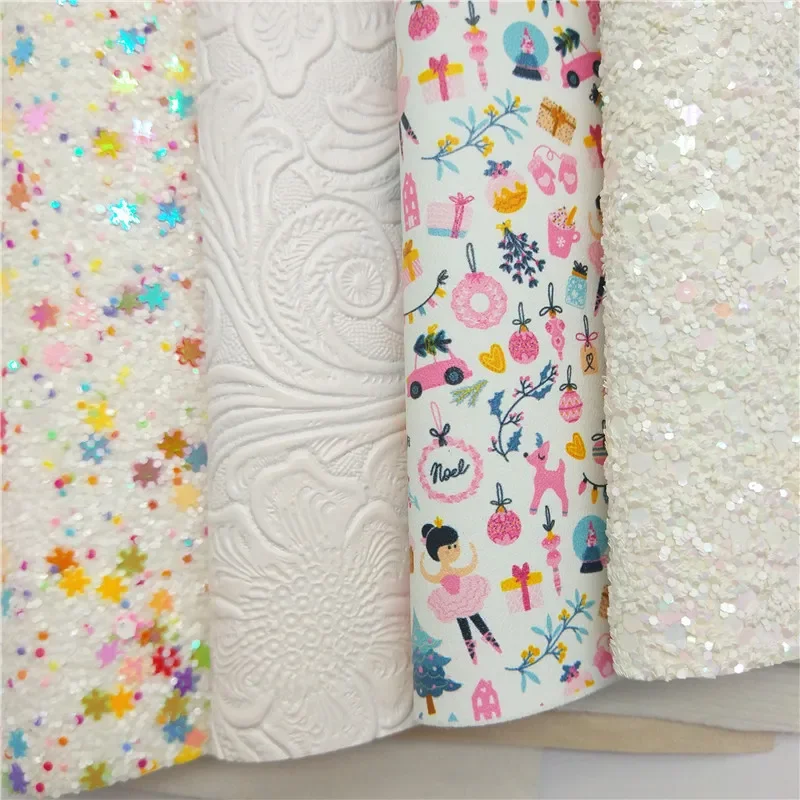 Snowflakes Glitter leather White Emobssed Flowers Ballet Dancers Printed Synthetic Faux Leather For Bows DIY 21x29CM Q389