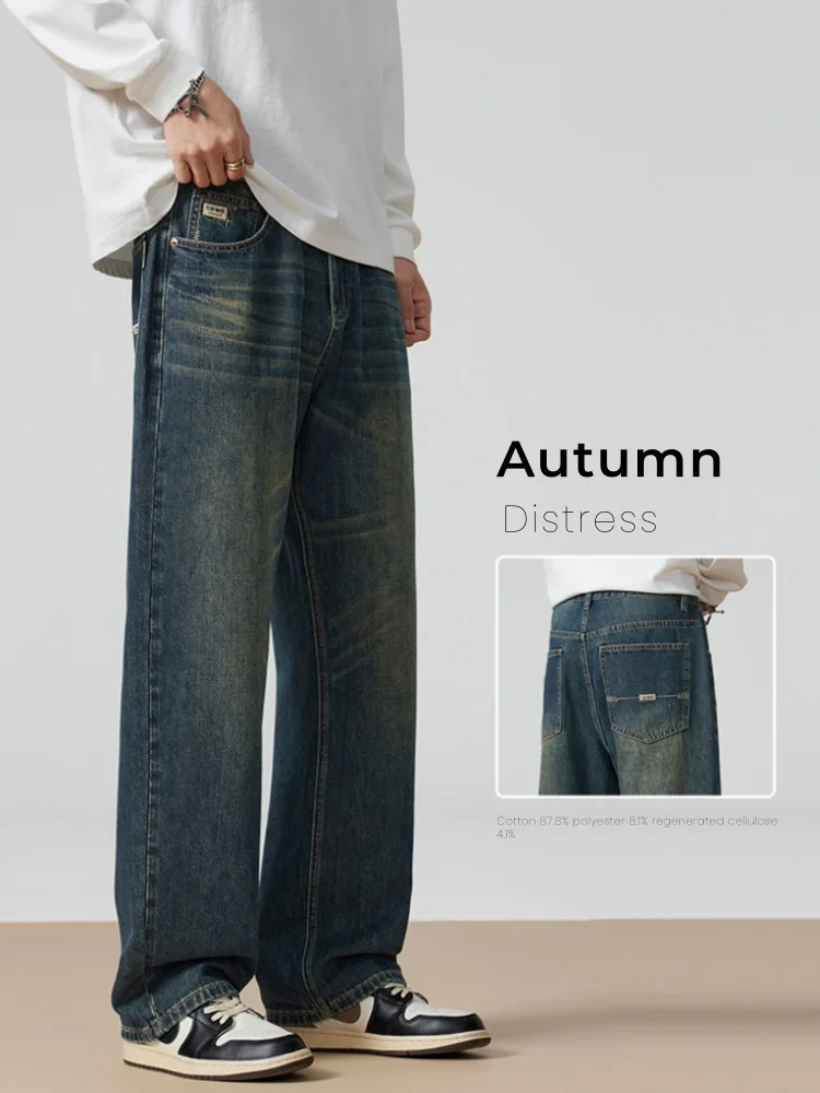 

Модные осенние прямые джинсы, мужские удобные повседневные брюки, винтажные широкие свободные мужские джинсовые брюки, уличная одежда