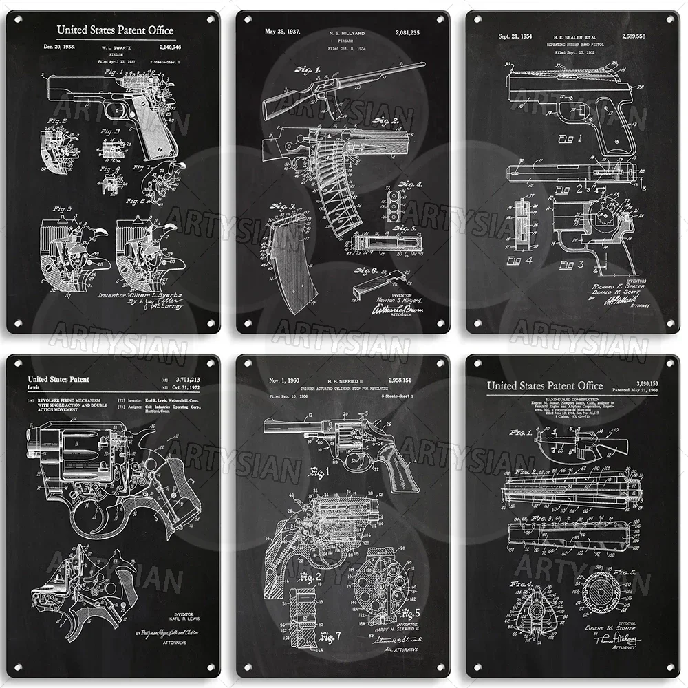Gun Patent Metal Sign Garand Rifle J.C. White Automatic Gun Pistol Holster Hillyard Firearm Gagnon Rubber Band Gun Swartz Plaque