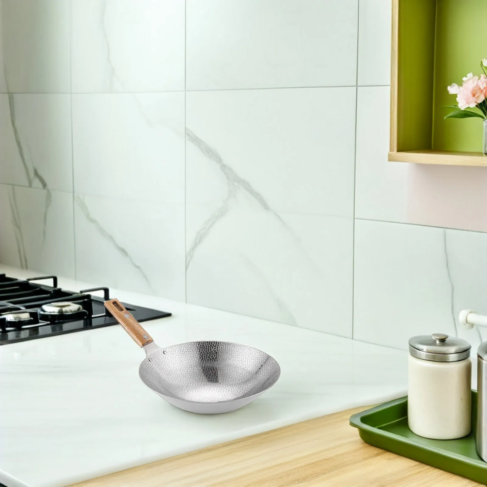 

Cooking Wok Stainless Steel Traditional Chinese Kitchen Pan with Wooden Handle for Stove Home Restaurant Frying and Hot Pot Use