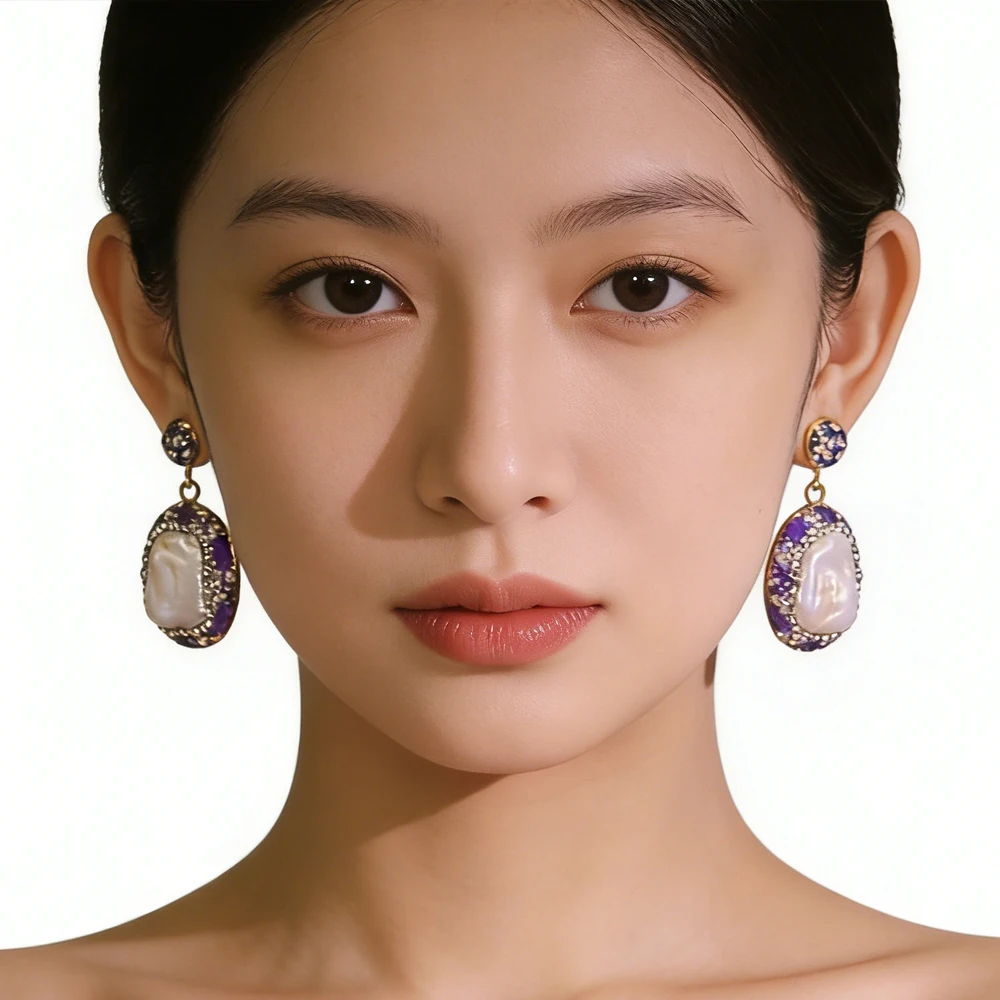

Original Baroque Pearl Amethyst Zircon Stud Earrings for Women Luxurious Exclusive Drop Dangle Earrings Charm Jewelry Gifts