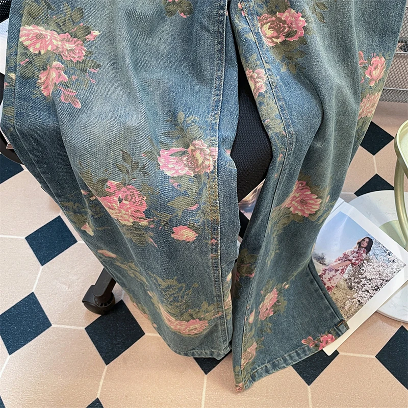Retro Rose Flowers Print Jeans for Women American Style Oversize High Waist Wide Leg Denim Pants Casual Loose Straight Jeans