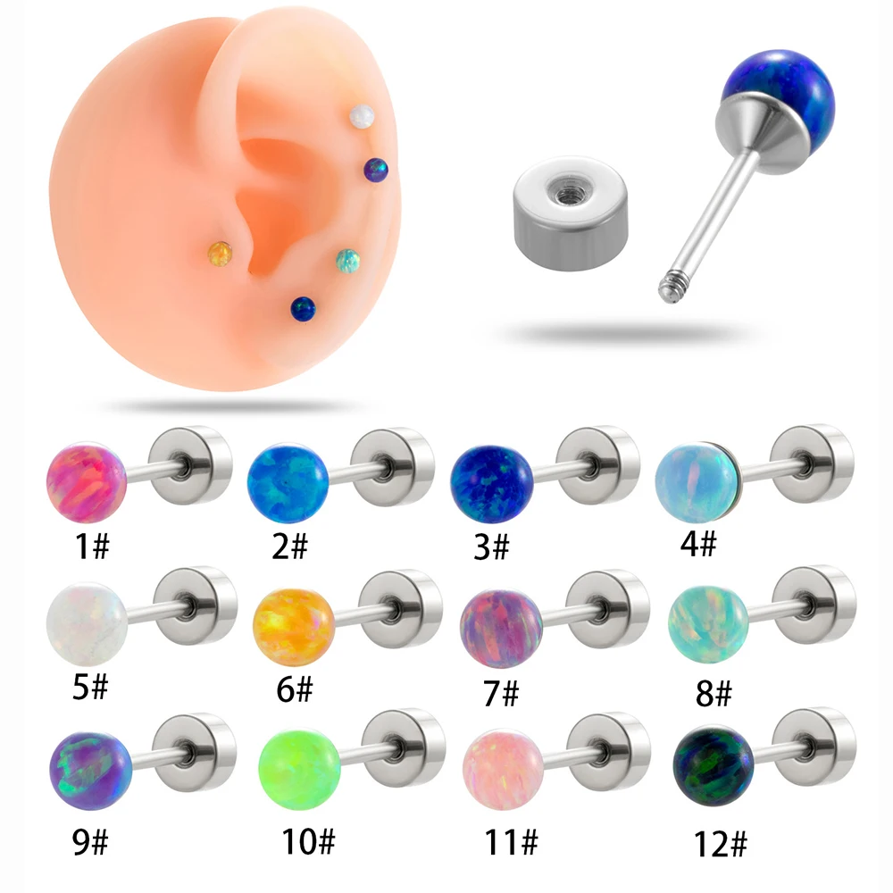 1PC 4mm Multicolor Round Opal Stone Stud Earrings Stainless Steel Flat Back Cartilage Earring for Women Screw Piercing Jewelry