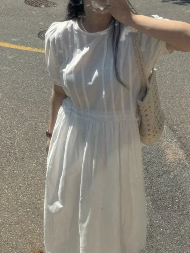 

Новинка лета Lazy Sle White Long Dr женские Dstring Bow Big Swing Bubble Sve Dr Commute Sle Regular Fit Midi Dr