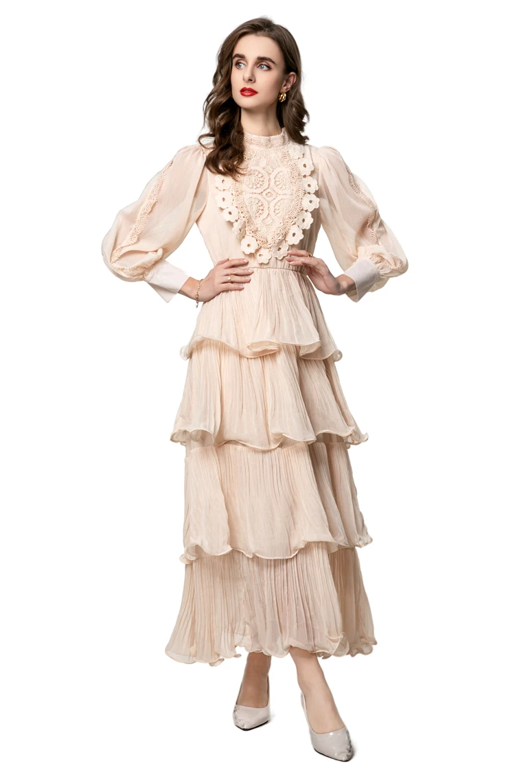 Vestidos femininos gola mangas compridas bordado retalhos em camadas babados elegante moda festa de formatura vestido