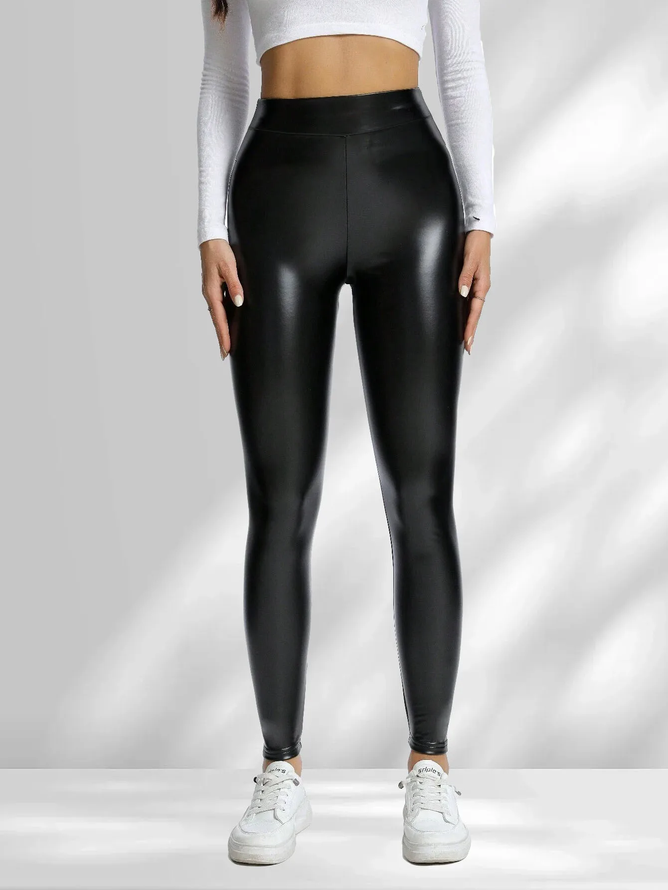 

Solid color PU leather pocket casual tight leather pants hip tight trousers butt wrinkled pants autumn and winter tight trouser