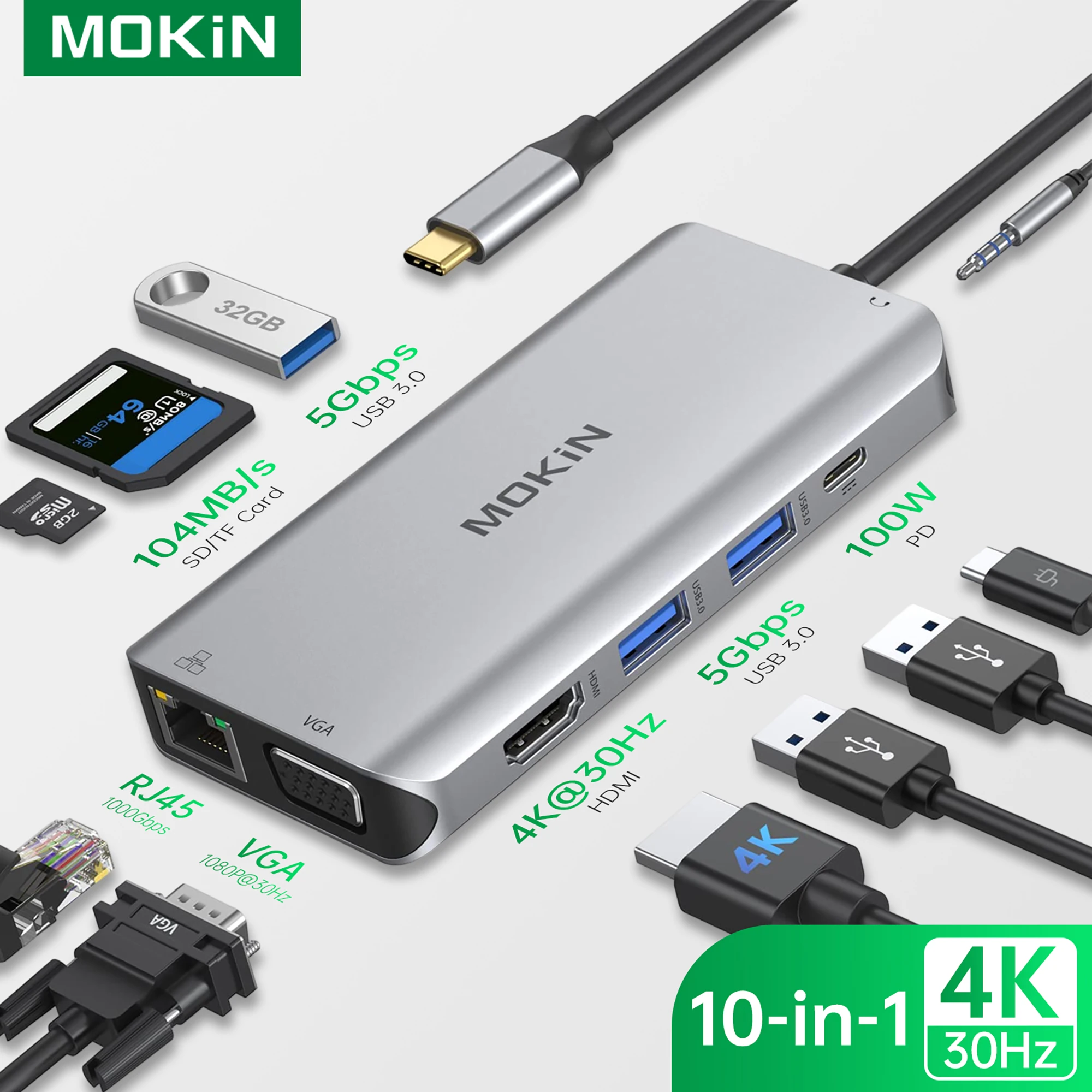 

MOKiN 10 in 1 USB Hub Multiport Adapter to 4K HDMI Dual Display USB C Docking Station VGA SD/TF 100W PD USB3.0 RJ45 for MacBook