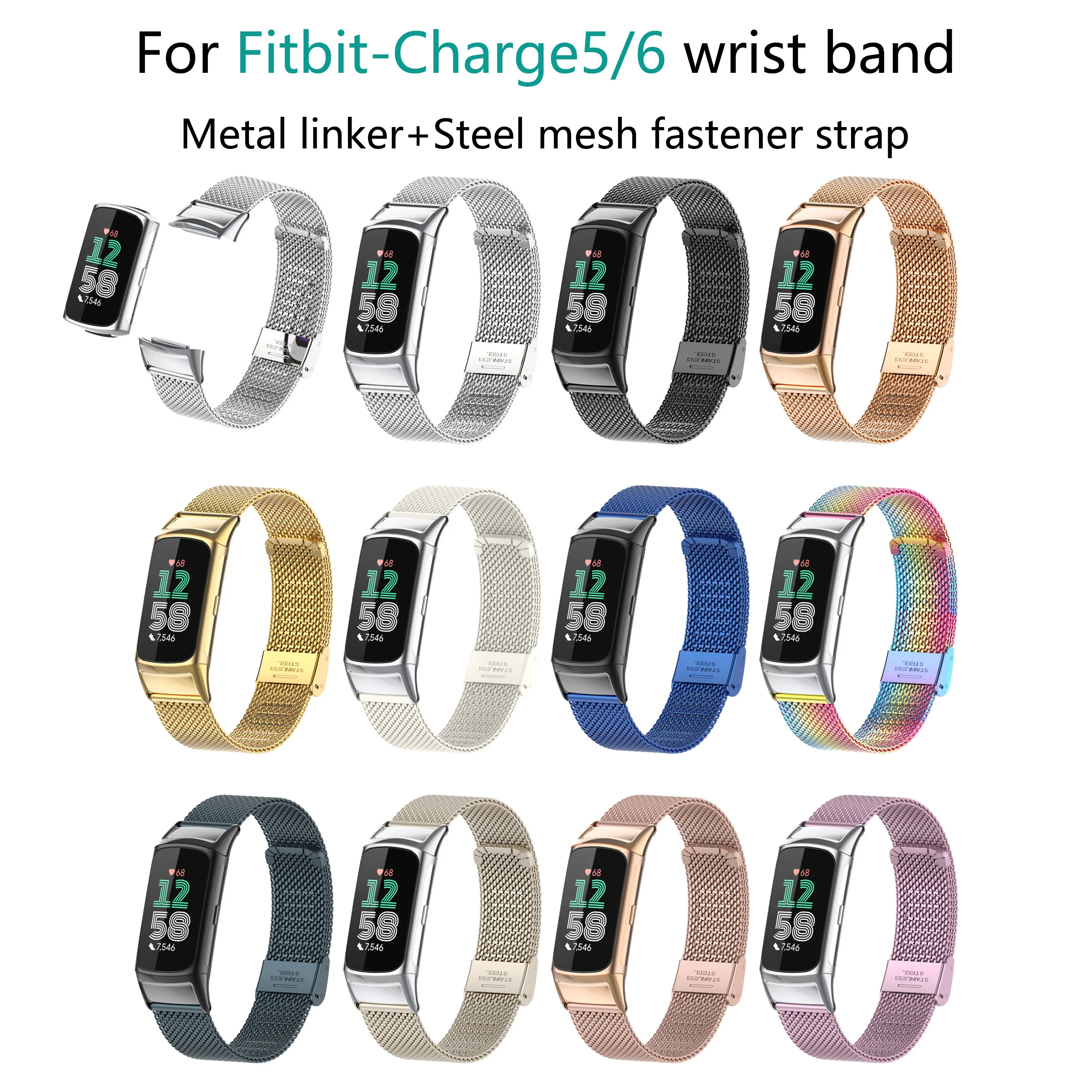 Stainless Steel Metal Watch Strap, Watchband, Bracelet for Fitbit Charge 5/6 Smart Watch, Correa Belt