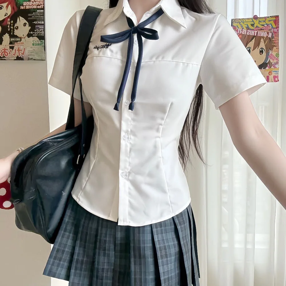Kemeja Seragam Sekolah JK Serbaguna Warna Putih Susu Gaya Akademi Jepang, Atasan Pelajar Wanita Musim Panas untuk Pakaian Kasual Harian di Kampus.