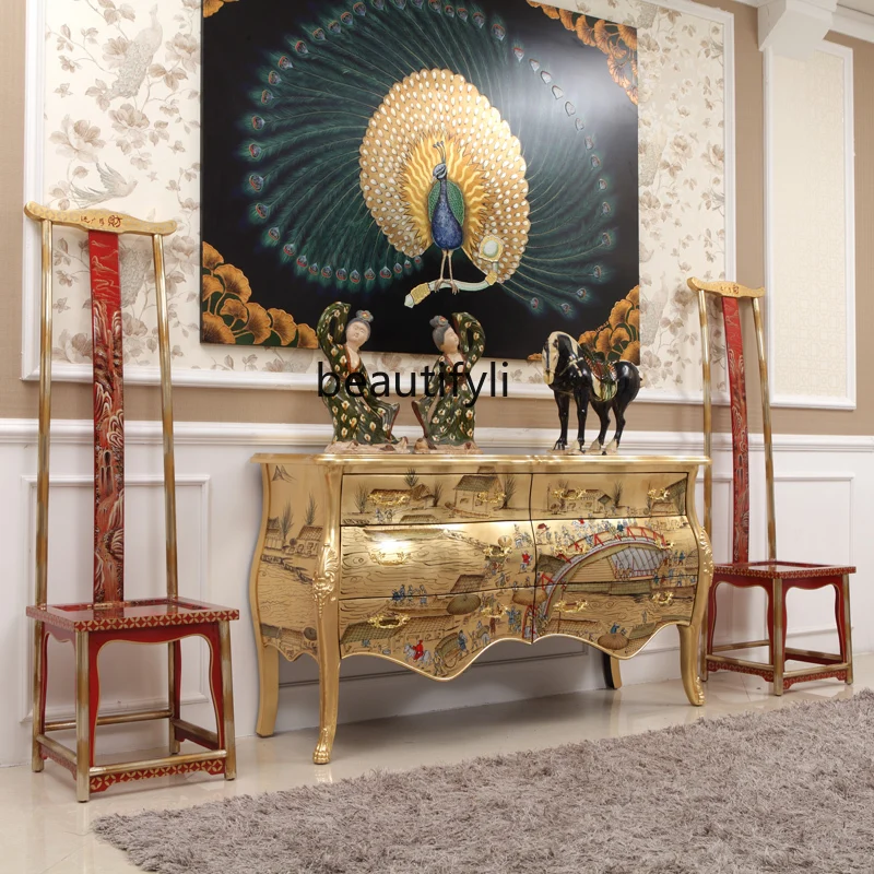 

New Chinese Style Gold Foil Painted Solid Wood Entrance Hall Decoration Furniture Display Cabinet