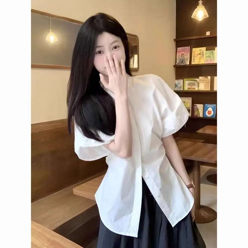 

Short Sleeve Shirts Womens Mesh Patchwork Pintucked Buttoned Shirt Office Minimalist Modern Chic OL Lady Professional Elegant