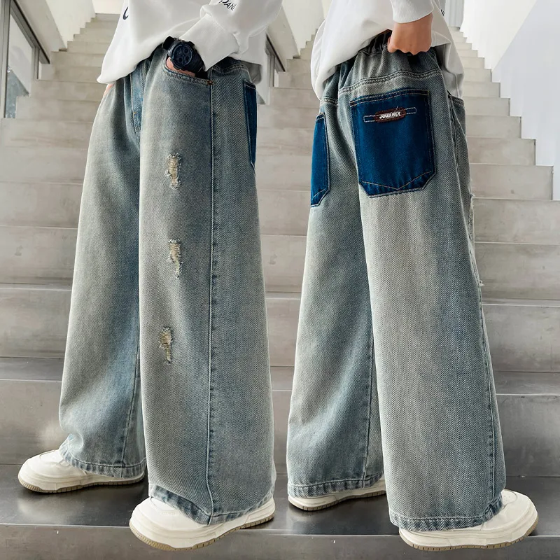 

Korean Style Teenage Child Wide Leg Ripped Jeans for Boys 5 To 14 Years Old Kids Loose Casual Denim Pants 2025 New Arrivals