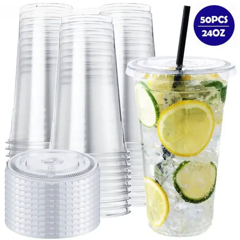 50 Pack 24 oz Clear Plastic Cups with Lids, Disposable Clear Drink Cups with Lids for Party