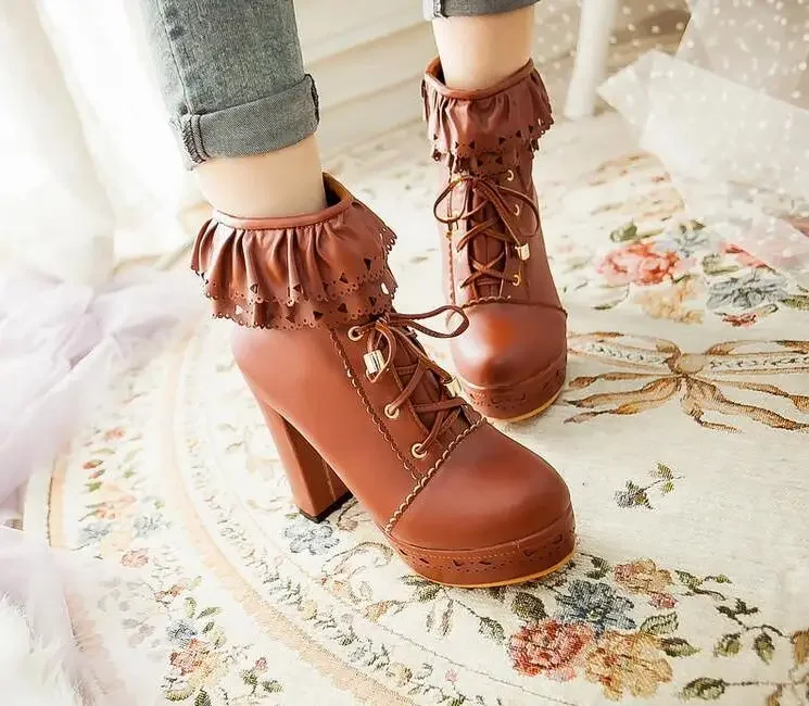 Lolita botas de salto alto sapatos de renda mulheres curtas primavera rosa corte jovens meninas