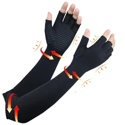 Long Copper Compression Arthritis Gloves for Women&Men,Medical Arm&Hand,for Carpal Tunnel,Lymphedema Fingerless Pressuse Gloves