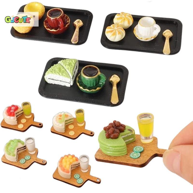 Afternoon Tea Scene Decor Miniature Dollhouse Coffee Dim Sum Tray Set Mini Kitchen Food Decor Accessories Kid Pretend Play Toys