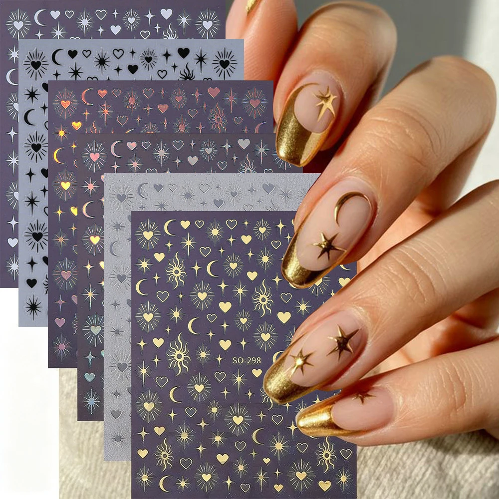 1/6pcs 3D Metallic Moon Sun Starburst Heart Nail Stickers Bronzing Gold Silvery Black White Laser Adhesive Nail Decal Nail Suppl