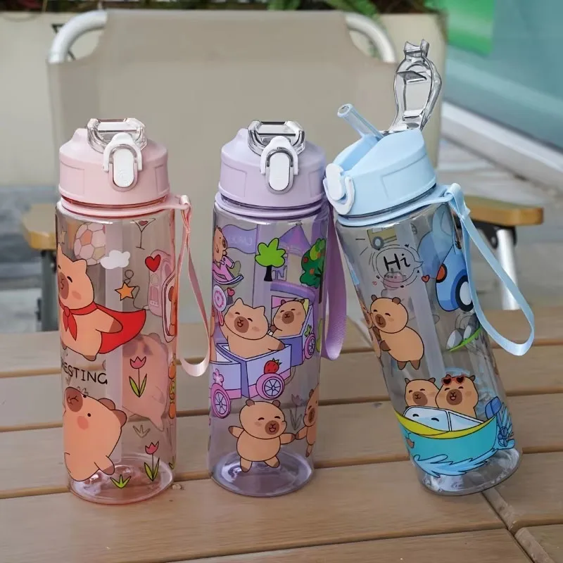 1-5PCSCapybara Straw Cup Cute Cartoon Water Bottle Leakproof Portable Sports Drinking with Carry Strap for Outdoor Travel School