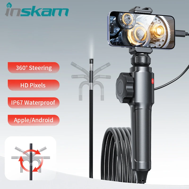 360° Industrial Rotary Automotive Endoscope 8.5mm Articulating Endoscope Camera HD 1080P with Steerable Probe for iPhone Android