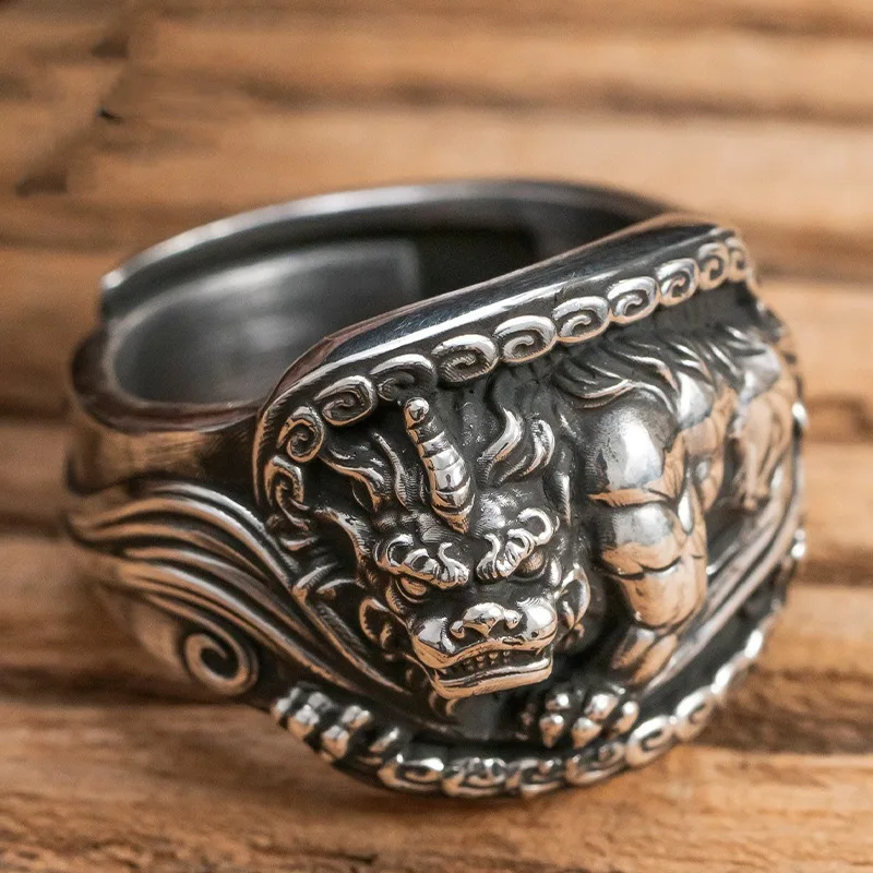 Retro Pixiu Ring Literary and Ethnic Style Old Qilin Men Index Finger Personalized Domineering Finger Ring Electroplating Folk