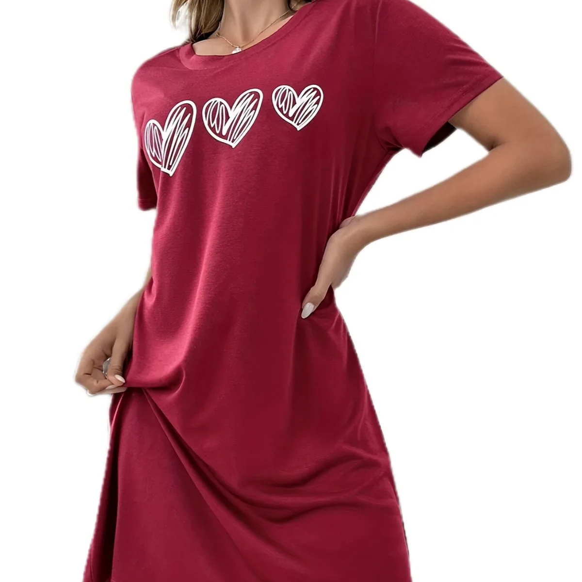 Summer Ladies Nightgown Homewear Pajamas Female Love Print Short-Sleeved Comfortable Home Leisure Sexy Wearable Nightgowns