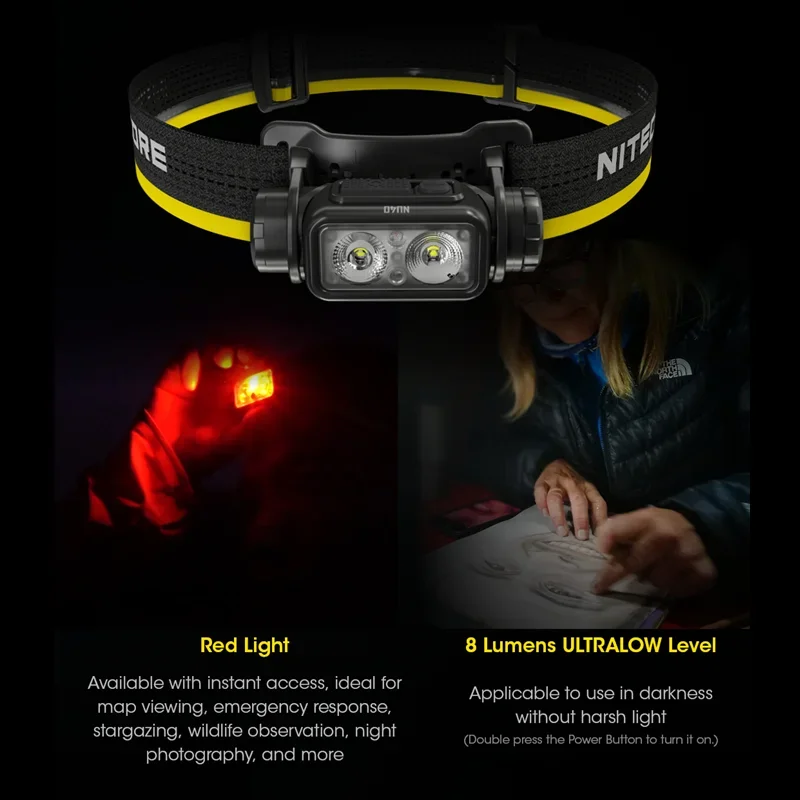 Nitecore USB-C farol recarregável, farol para Trail, corrida, trabalho, pesca, trekking, mochilas, NU40, 1000lumens