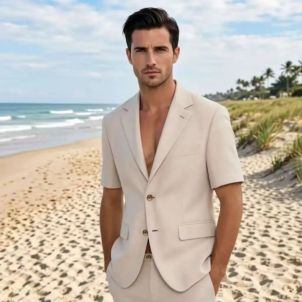 

- Men's Khaki Single Breasted Short Sleeve Suit 2 Piece Set - Casual Blazer & Shorts for Beach Wedding & Summer Events