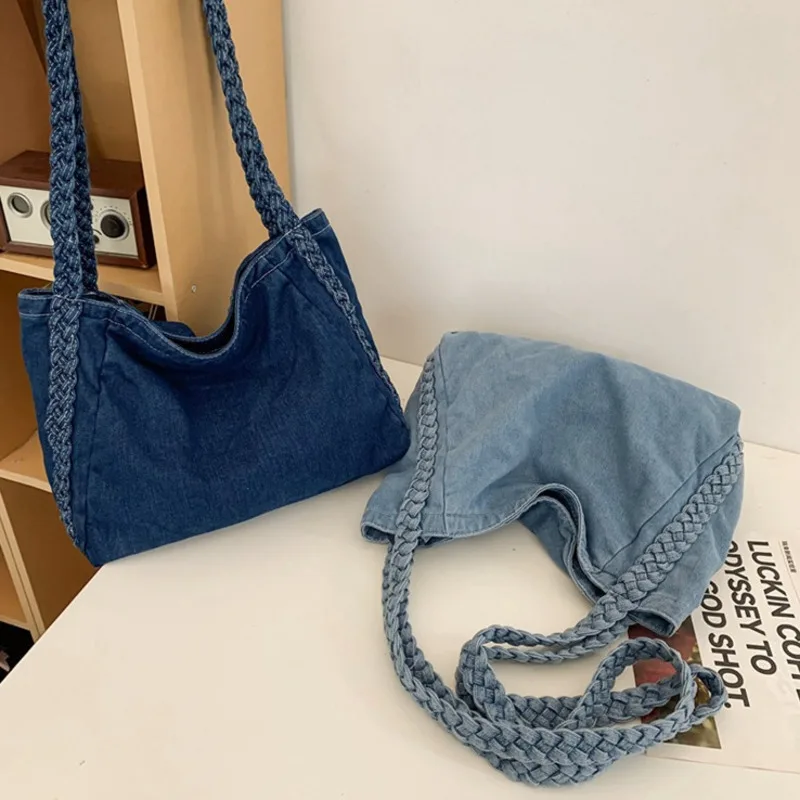 Women's Tote Bag 2024 New Denim Woven Crossbody Commuting Large Capacity Lazy Style Solid Color Single Shoulder Handbag