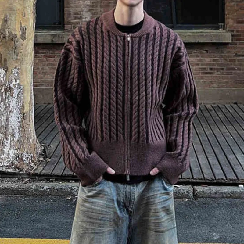 American Retro Color Contrast Vertical Twist Pattern Cardigan Men's Casual Zipper Sweater Coats Versatile High Street Knitwear
