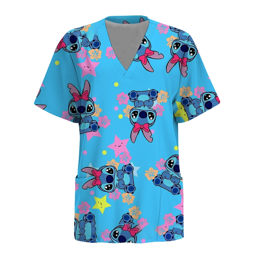 

Disney Stitch print Healthcare Uniform Nurse Clinic Nursing Workwear Hospital T-shirt Fashion Short Sleeve Blouse Women Medical