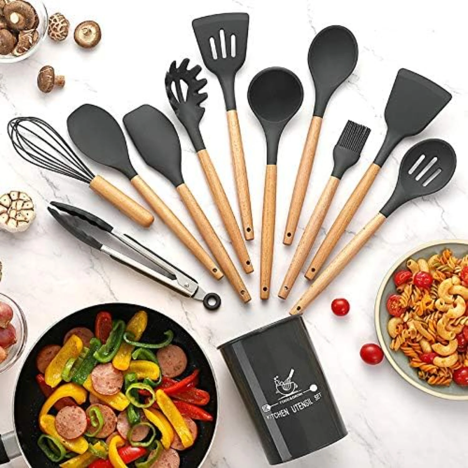 Silicone Cooking Utensils  Utensil Set, Wooden Handle Nontoxic BPA Free Silicone Spoon Spatula Turner Tongs  Gadgets Utensil Set