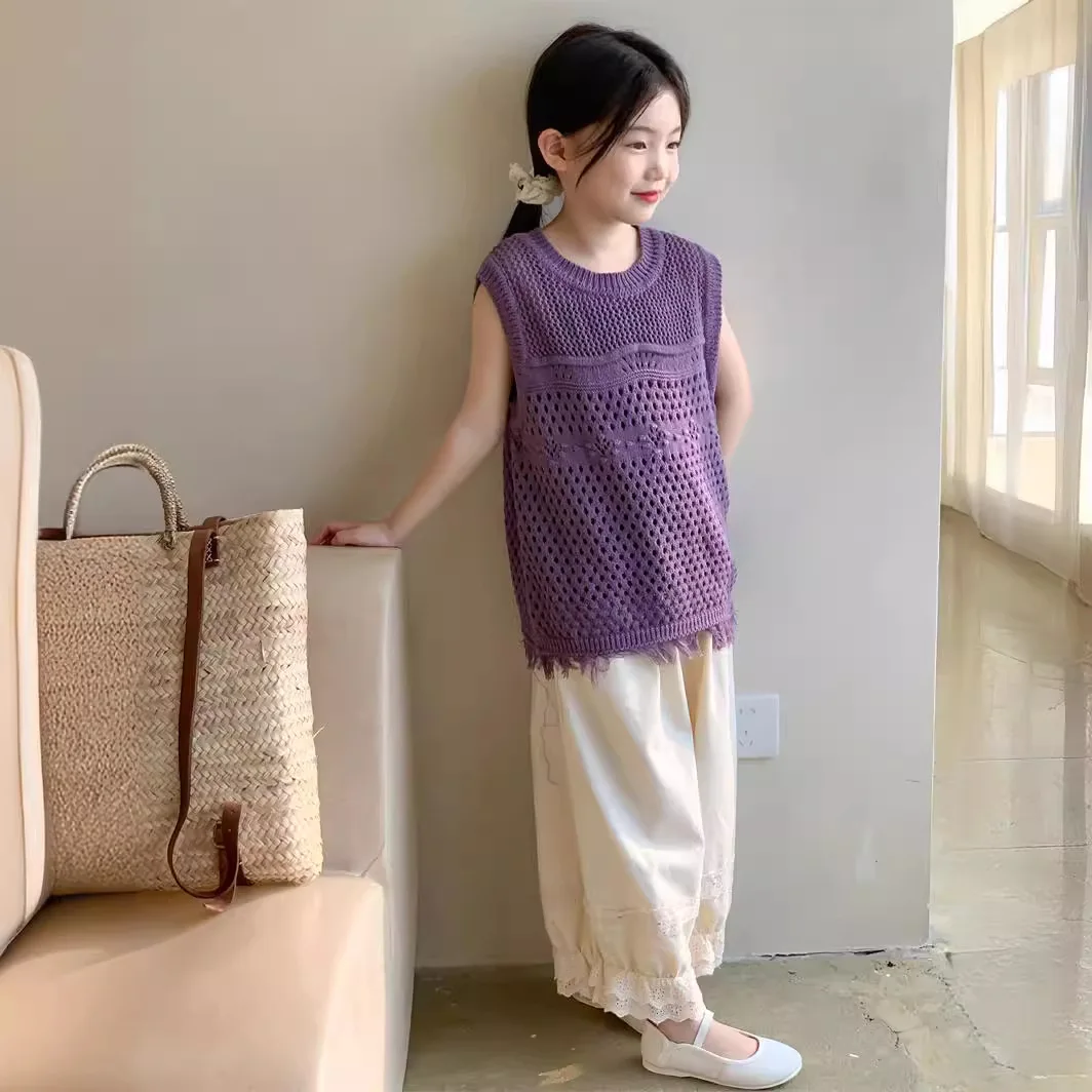 Girls Top 2024 Girls New Summer Vest Foreign Style Hollow Sweater Girl Sweet Sweater Vest Casual and Simple All-matching