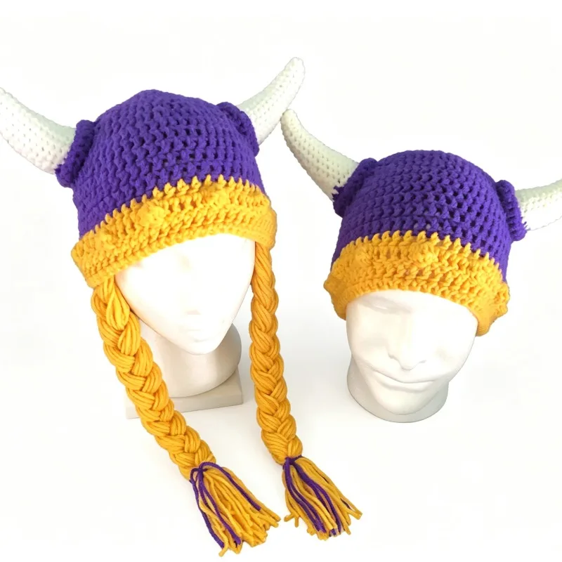 Handmade Colorful Viking Cow Horn Helmet Hat Men Custom Crochet Knit Braid Beanie Women Cosplay Party Unisex Outdoor Cap Boy
