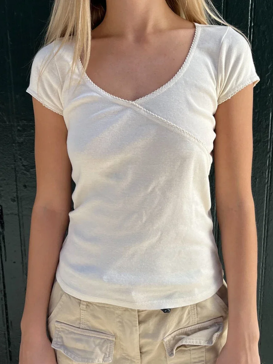 Stitching Solid Vintage Slim T-Shirt Summer V Neck Streetwear Cotton Top  Femme Sweet Cute Y2k Simple Tee Tops Woman Clothes