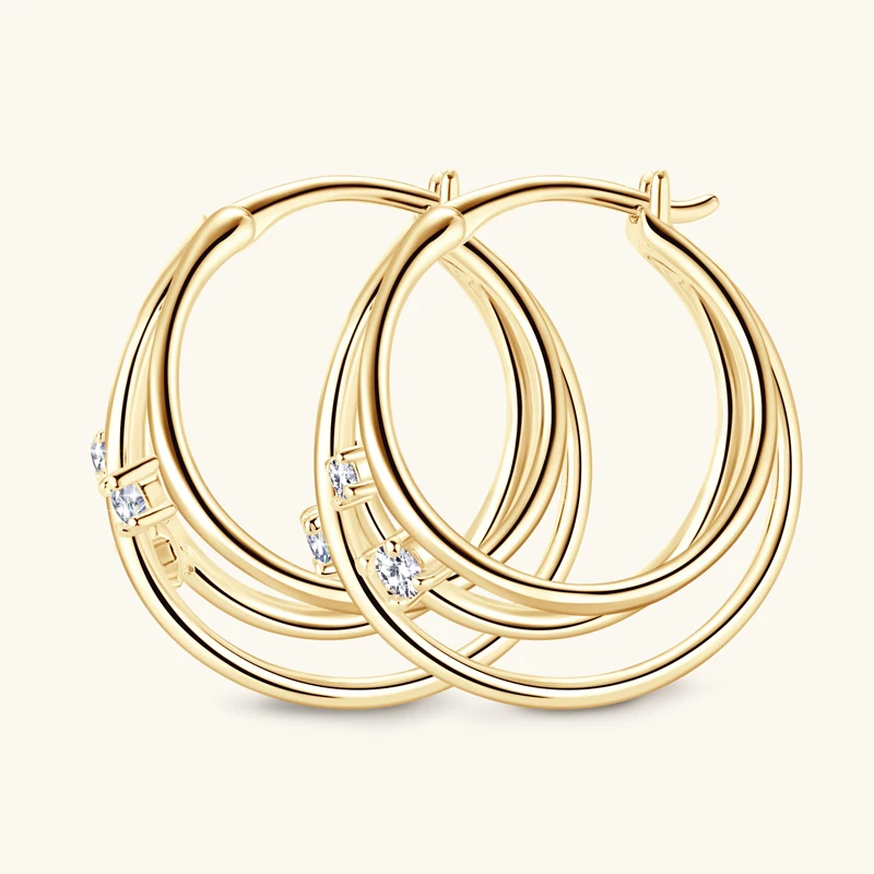 Anziw Original Split Three Hoop Earrings 0.15cttw Moissanite Clip Earring Yellow Gold Silver 925 Jewelry for Women Gifts Wedding