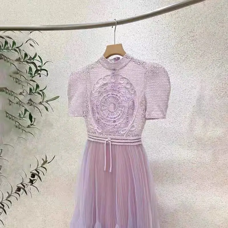 Imagem -04 - Vestido Roxo de Renda Bordado Estilo Real Francês para Mulheres 2024 Primavera Verão Nova Moda em Torno do Pescoço Vestidos Longos de Cintura Alta