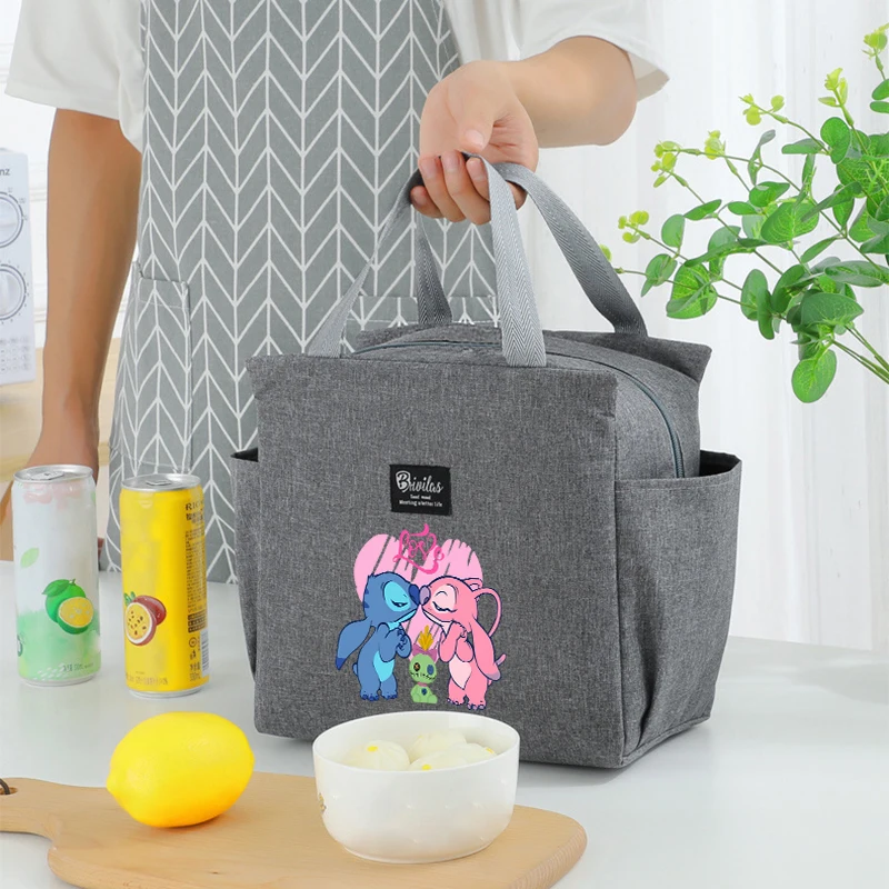 Stitch Insulated Lunch Bag, Stitch & Angel Portable Lunch Carrier, Bento Tote, น้ําหนักเบา, นํากลับมาใช้ใหม่ได้, ป้องกันการรั่วซึม, การออกแบบแบบพกพา