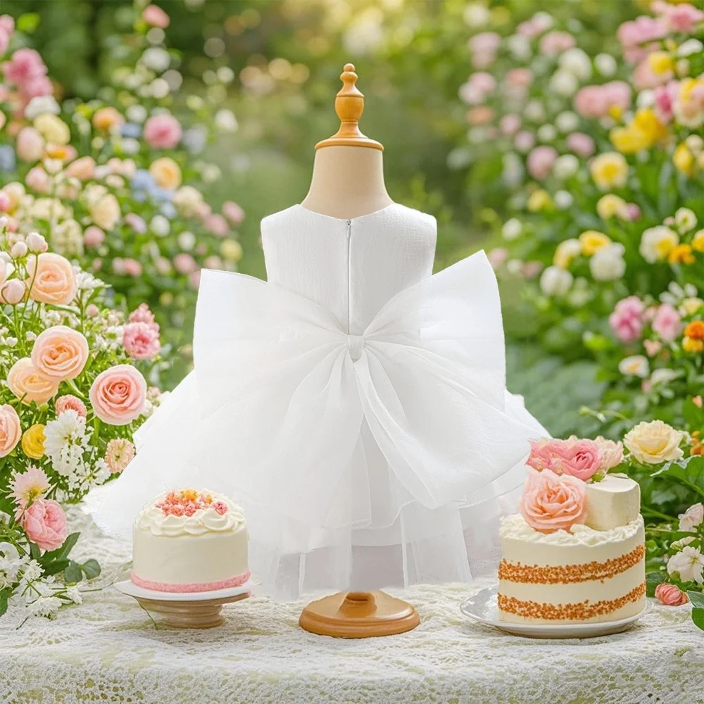 

White dress skirt christening dress with big bow design high-end dress suitable for baby girl birthday christening birthday