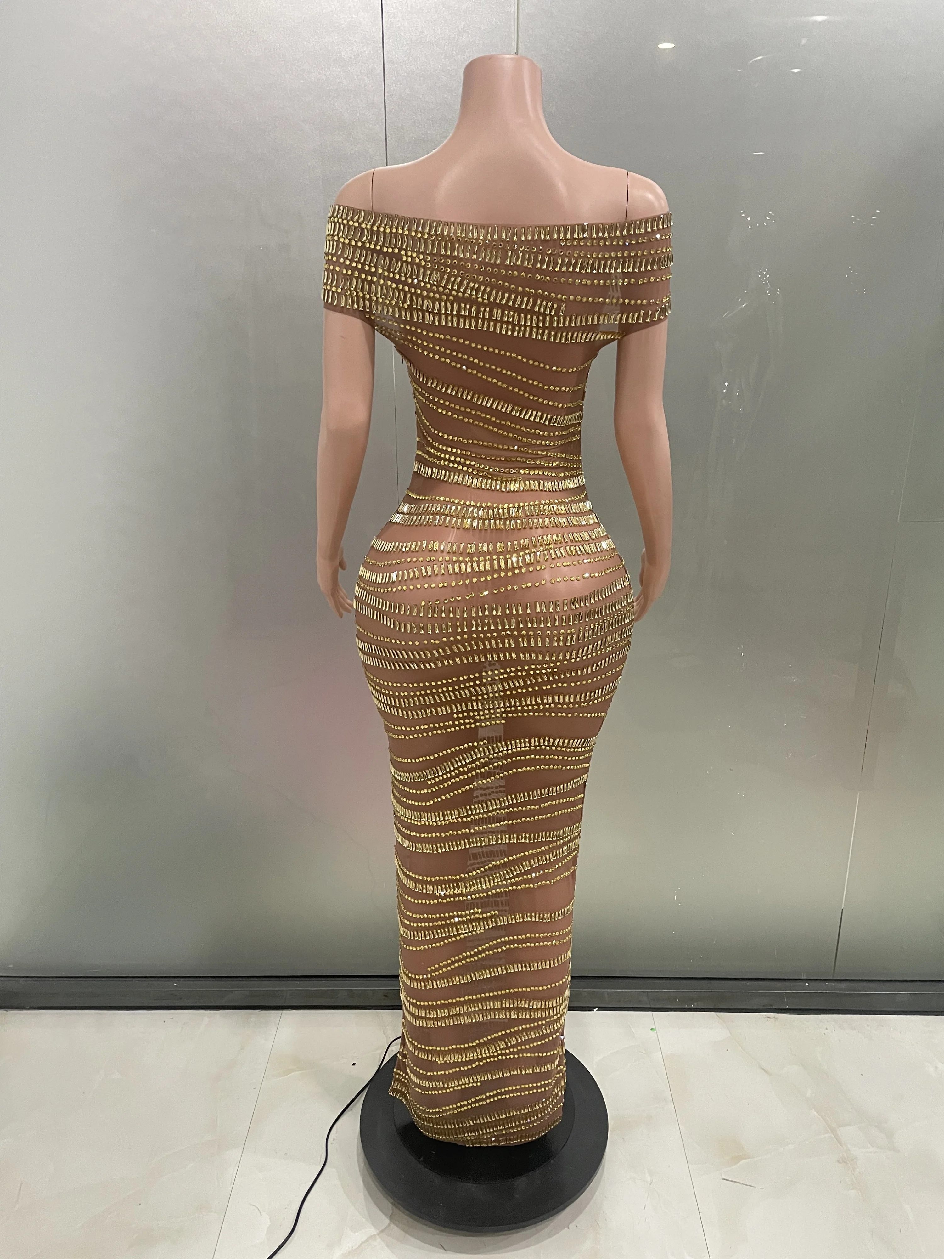 Luxury Gold Rhinestones Long Dress Women Sexy Stretch Mesh See Through Celebrate Evening Prom Birthday Gown Performance Outfit