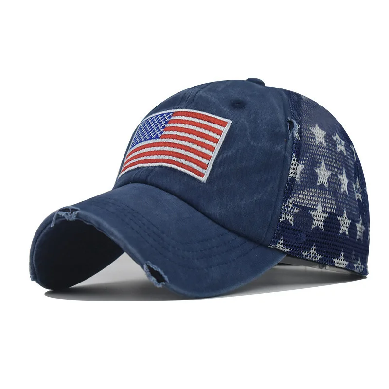 

Pure Cotton Washed Distressed Five Pointed Star American Flag Baseball Cap Ponytail Trendy Curved Brim Trucker Hat
