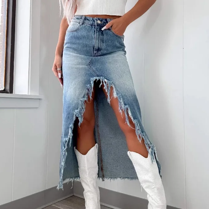 

High Waist Washed Denim Skirt with Frayed Hem mid Stretch Regular Fit Pure Color Spring Fashion Women's Skirts