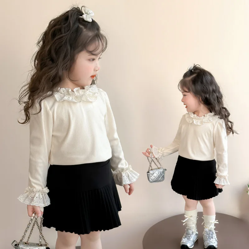 Lace Bottom Shirt for Girls and Babies Spring and Autumn Fashionable and Stylish Long Sleeved T-shirt for Children