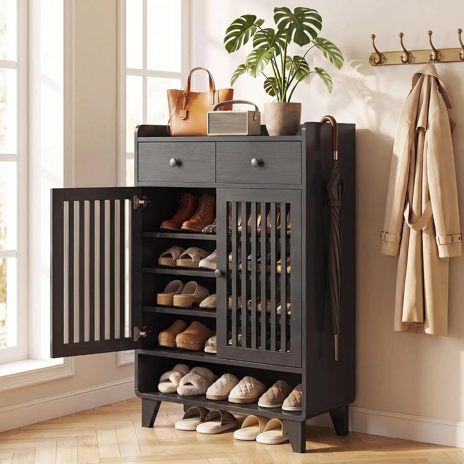 Wooden Shoe Cabinet 6-Tier Enclosed Slatted Doors Adjustable Shelves 2 Drawers Narrow Entryway Hallway Closet Black, Customized