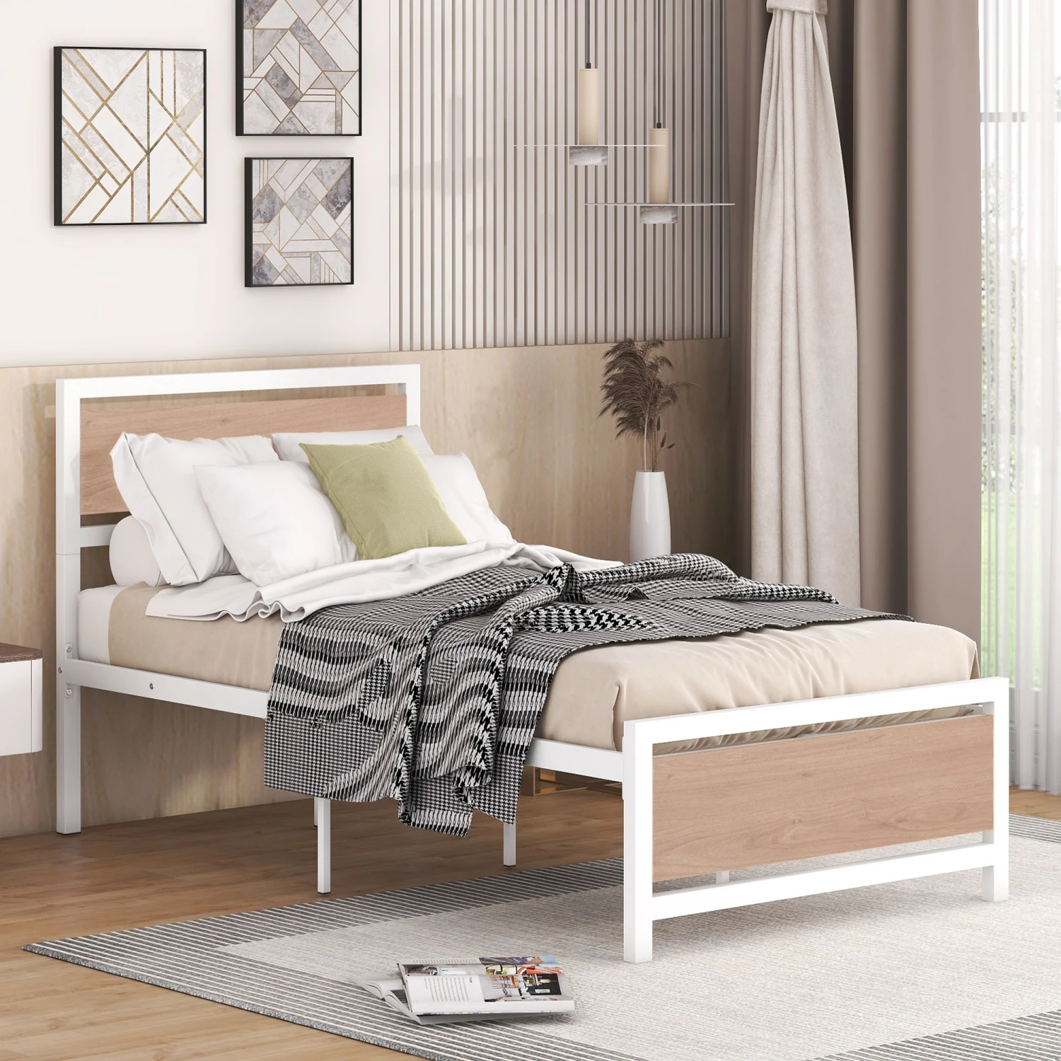 

Twin Size Platform Bed, Metal and Wood Bed Frame with Headboard and Footboard , White