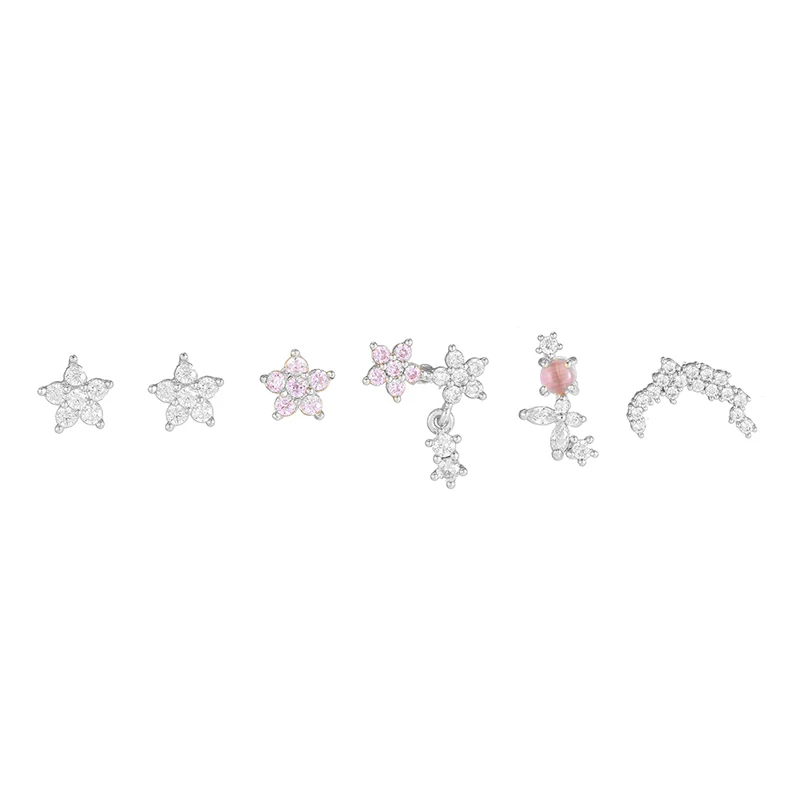 

6pcs Silver Color Star Flower Stud Earrings for Women Fashion Zirconia Piercing Earrings Set Girl Gift Wedding Jewelry Accessory