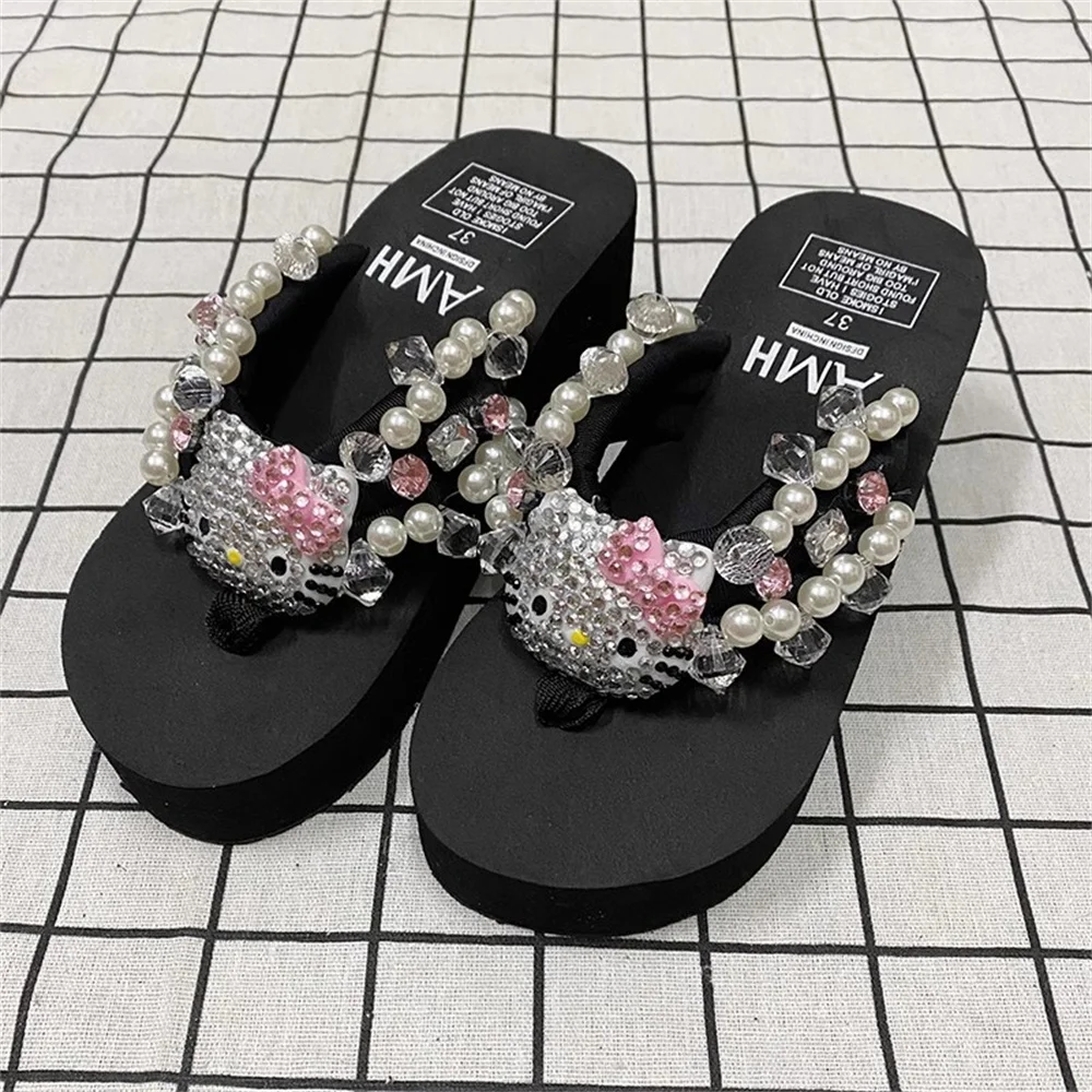 Kawaii Sanrio Hello Kitty Soft Eva Sandals Beach Slippers Y2k Full Diamond Gem Fashion Women Casual Wedge Platform Slippers Gift