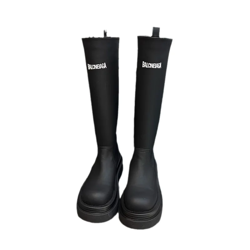 Women Knee High Boots PU Leather Platform Shoes Increase Slip On Winter Snow Female Black White Sneakers Chimney Boots